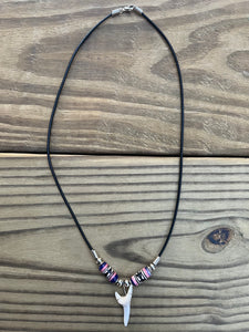 White Mako Shark Tooth Necklace With Purple and Pink Peruvian Ceramic Beads