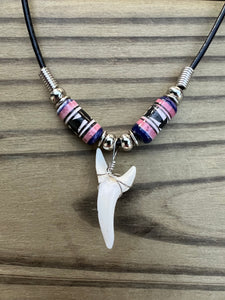 White Mako Shark Tooth Necklace With Purple and Pink Peruvian Ceramic Beads