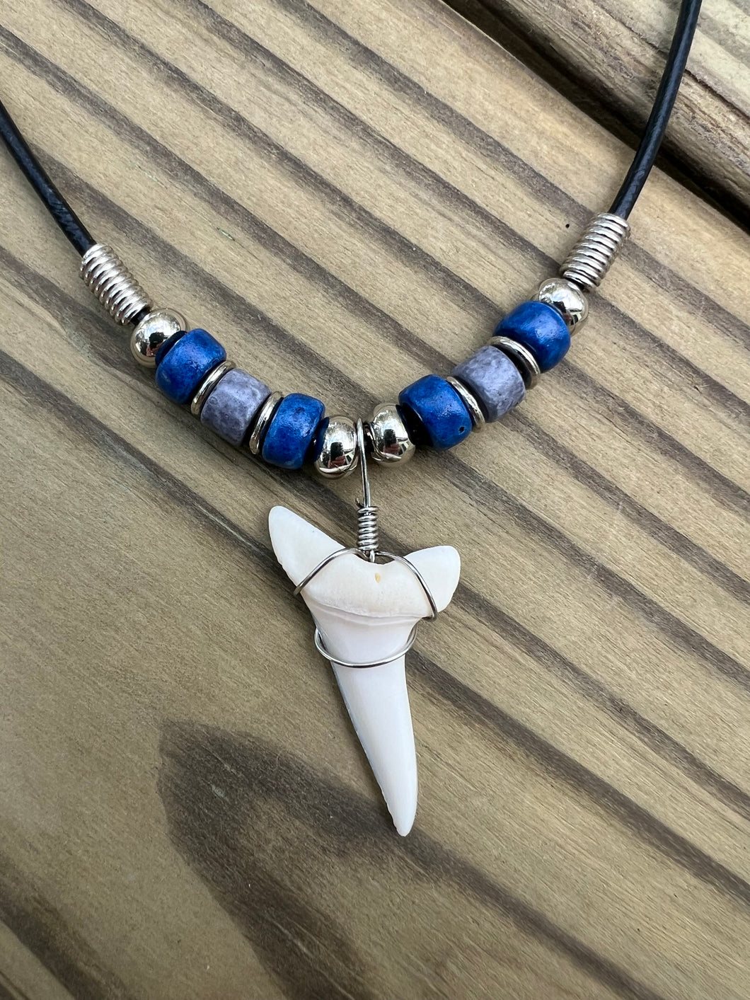 White Shark Tooth Necklace With 3 Bead Design Dark Blue and Gray