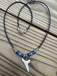 White Shark Tooth Necklace With 3 Bead Design Dark Blue and Gray