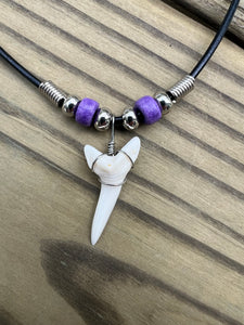 White Shark Tooth Necklace With Purple Beads