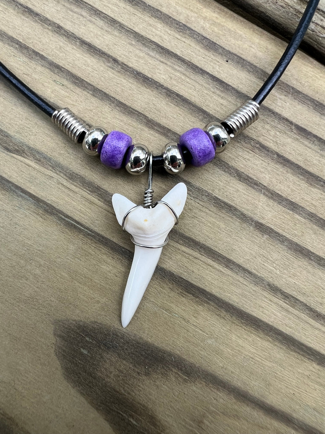 White Shark Tooth Necklace With Purple Beads