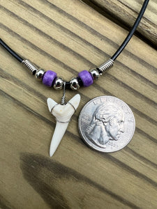White Shark Tooth Necklace With Purple Beads