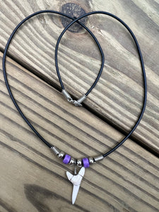 White Shark Tooth Necklace With Purple Beads