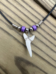 White Shark Tooth Necklace With Purple Beads