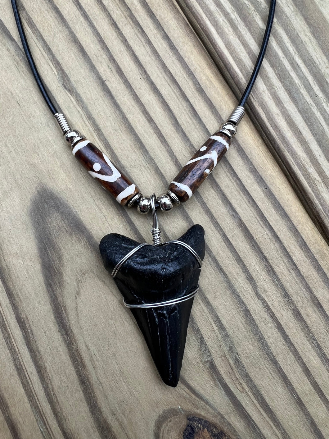 1 13/16 inch Fossilized Megalodon Shark Tooth Necklace featuring Brown Bones With Yin and Yang Design