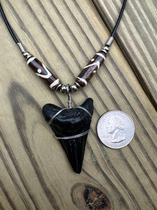 1 13/16 inch Fossilized Megalodon Shark Tooth Necklace featuring Brown Bones With Yin and Yang Design