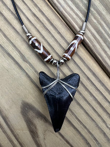 1 13/16 inch Fossilized Megalodon Shark Tooth Necklace featuring Brown Bones With Yin and Yang Design
