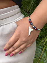 Load image into Gallery viewer, White Shark Tooth Bracelet With Blue and Red Beads
