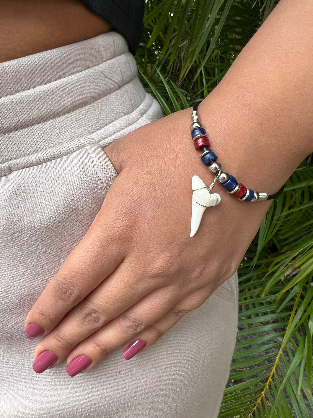 White Shark Tooth Bracelet With Blue and Red Beads