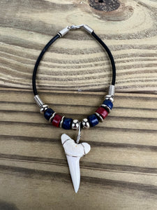 White Shark Tooth Bracelet With Blue and Red Beads