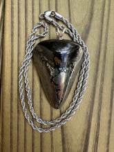Load image into Gallery viewer, 2 9/16 Inch Pyrite Inlayed Megalodon Shark Tooth Pendant
