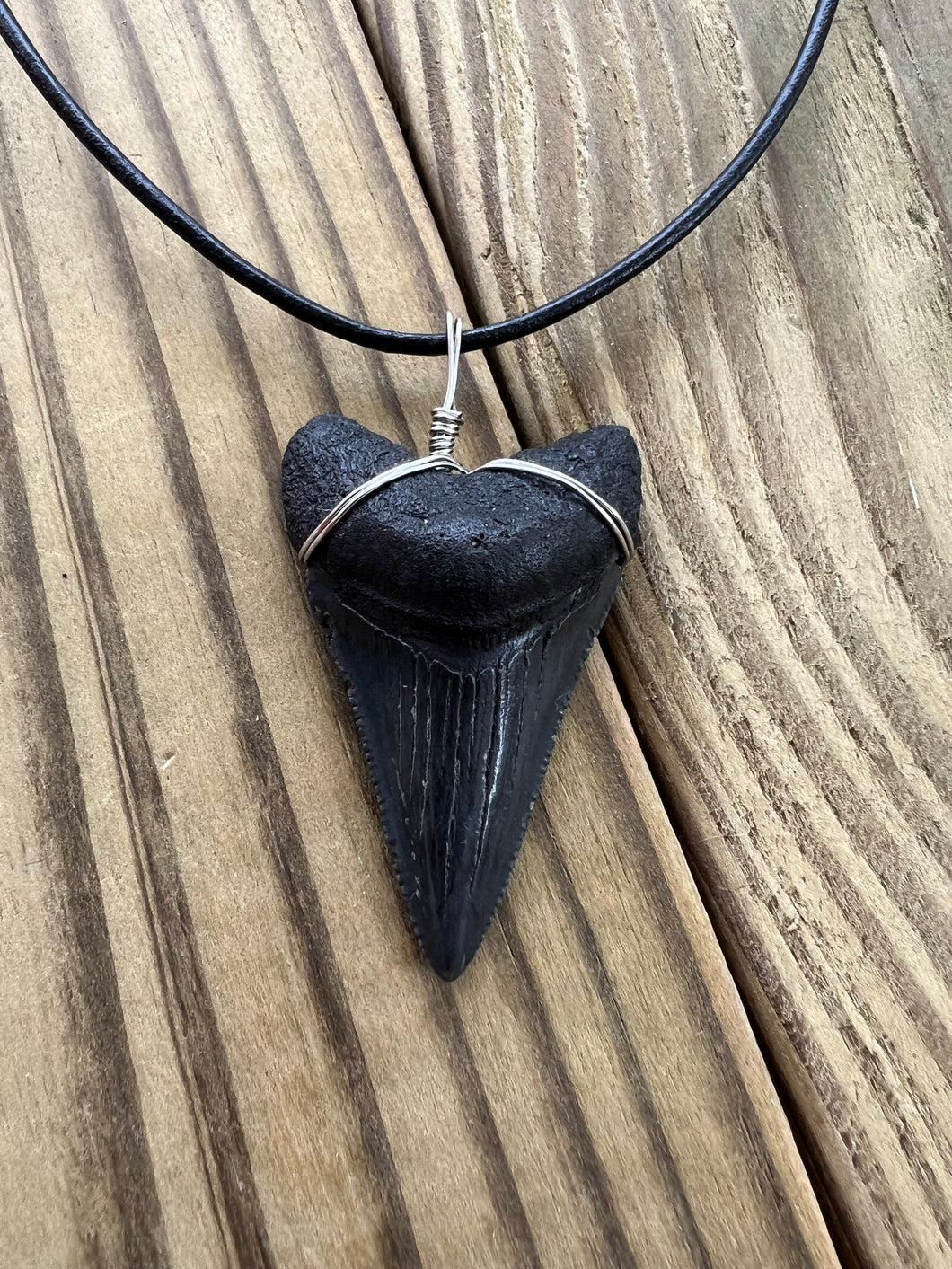 1 15/16-Inch Fossilized Megalodon Shark Tooth Necklace – Dark Enamel Blade