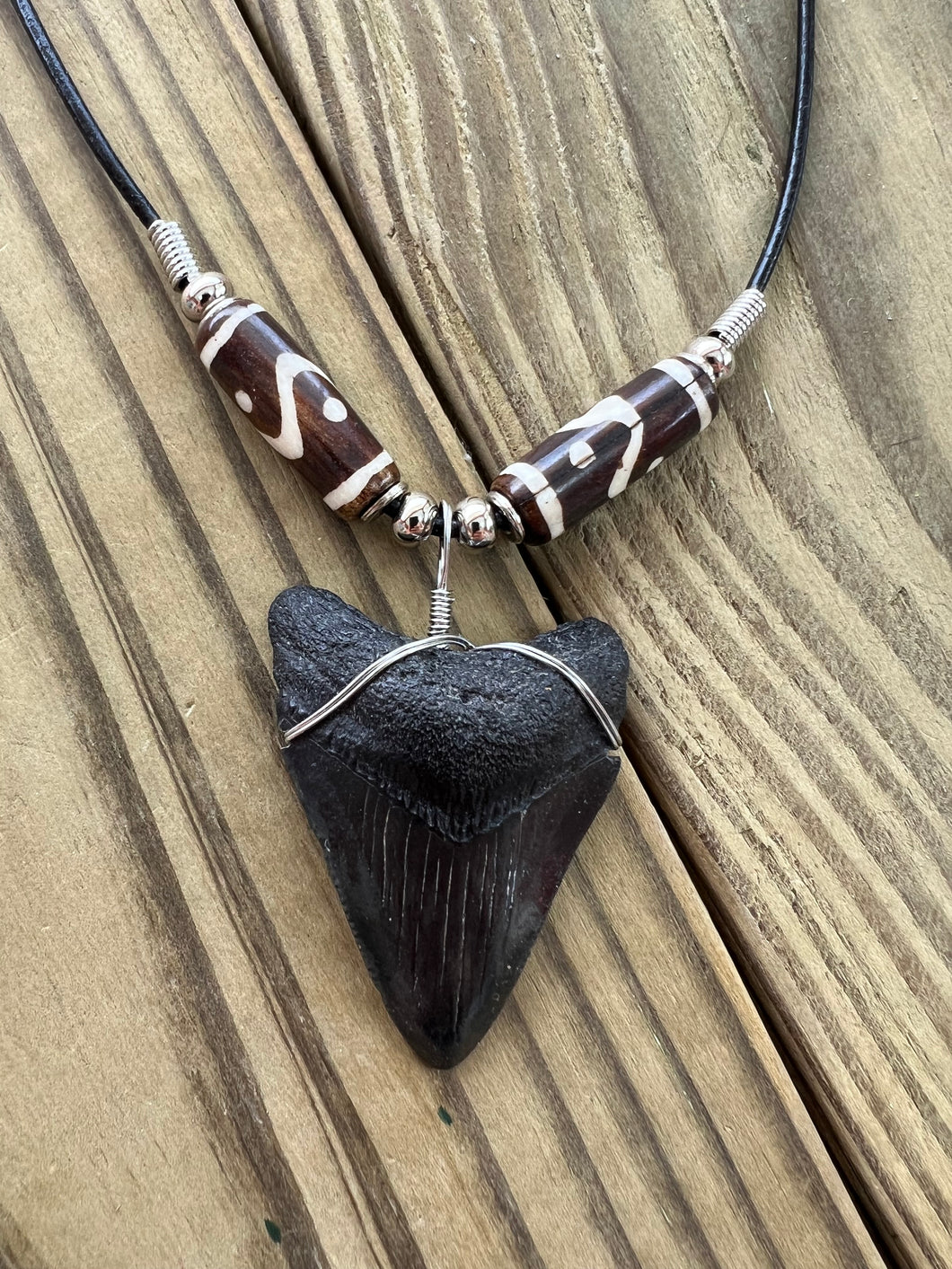 Fossilized 2-Inch Megalodon Shark Tooth Necklace with Tribal Bone Beads