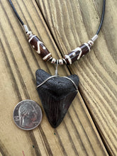 Load image into Gallery viewer, Fossilized 2-Inch Megalodon Shark Tooth Necklace with Tribal Bone Beads
