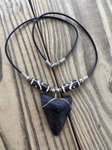 Fossilized 2-Inch Megalodon Shark Tooth Necklace with Tribal Bone Beads