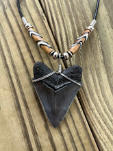 Load image into Gallery viewer, Fossilized 2-Inch Megalodon Shark Tooth Necklace With Bone Beads
