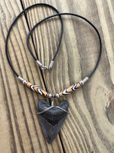Load image into Gallery viewer, Fossilized 2-Inch Megalodon Shark Tooth Necklace With Bone Beads
