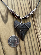 Load image into Gallery viewer, Fossilized 1 7/8-Inch Megalodon Shark Tooth Necklace With Bone Beads
