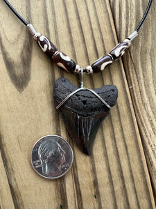 Fossilized 1 7/8-Inch Megalodon Shark Tooth Necklace With Bone Beads