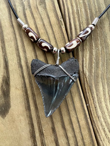 Fossilized 1 7/8-Inch Megalodon Shark Tooth Necklace With Bone Beads