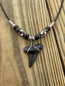 1 7/16 Inch Fossilized Mako Shark Tooth Necklace With Brown Bone Beads