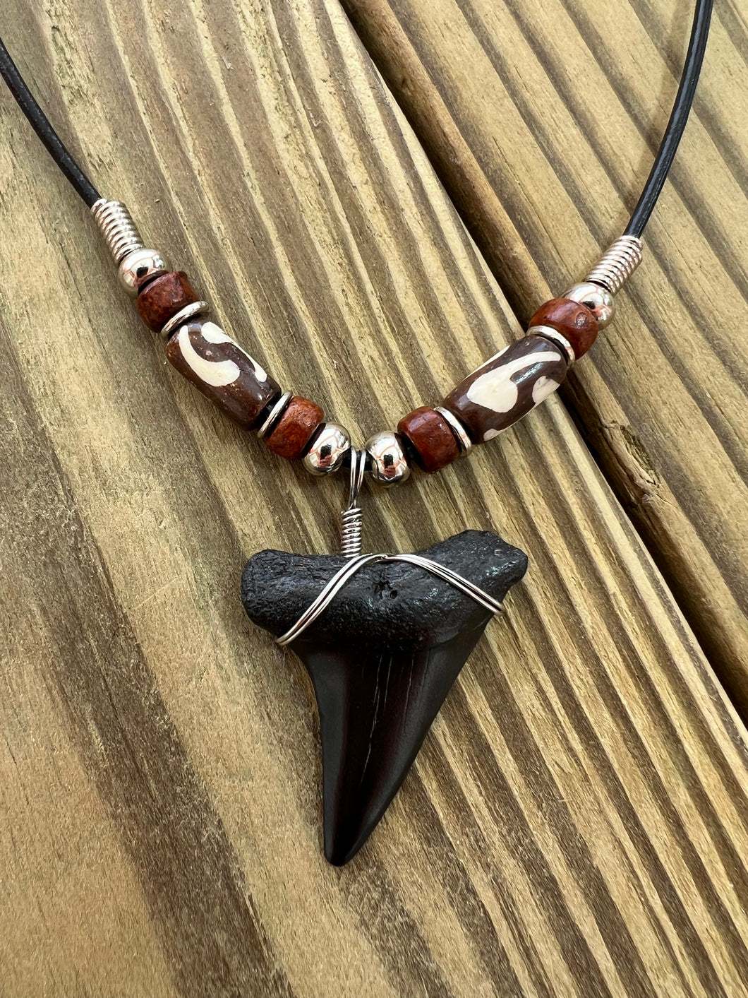 Fossilized Mako Shark Tooth Necklace 1 7/16 Inches Mako with Beads