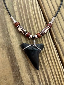 Fossilized Mako Shark Tooth Necklace 1 7/16 Inches Mako with Beads