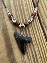Load image into Gallery viewer, 1 7/16 Inch Mako Shark Tooth Necklace with Brown Clay and Bone Beads

