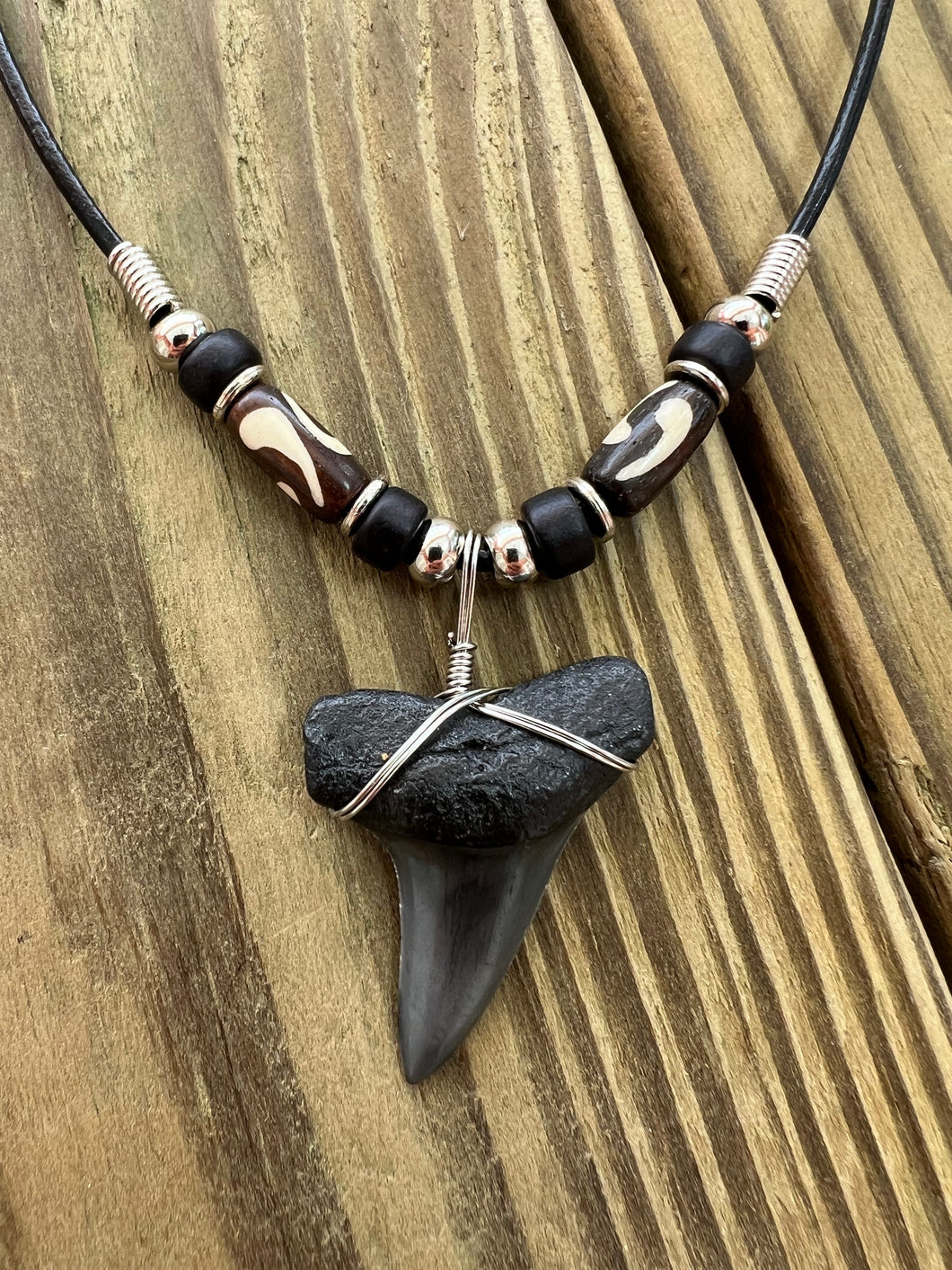1 1/2 Inch Mako Shark Tooth Necklace with Black and Brown Beads