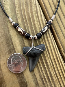 1 1/2 Inch Mako Shark Tooth Necklace with Black and Brown Beads