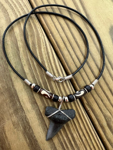1 1/2 Inch Mako Shark Tooth Necklace with Black and Brown Beads