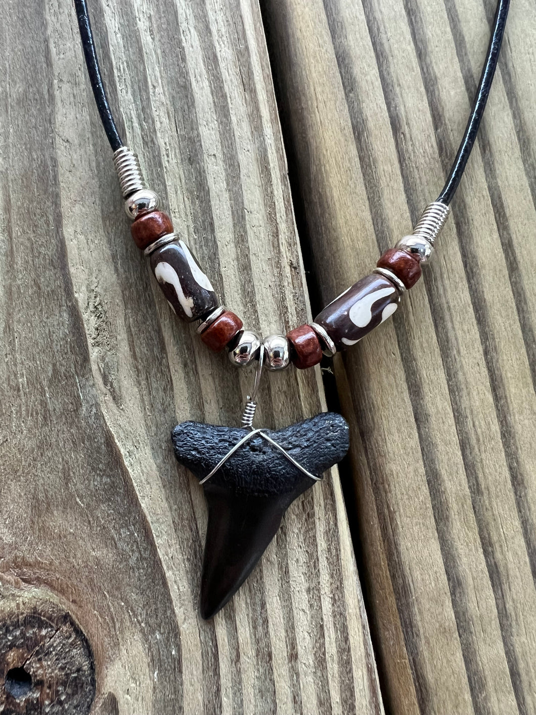 1 1/2 Inch Fossil Mako Shark Tooth Necklace with Brown Clay and Bone Beads