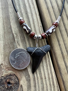 1 1/2 Inch Fossil Mako Shark Tooth Necklace with Brown Clay and Bone Beads