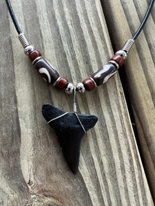 1 1/2 Inch Fossil Mako Shark Tooth Necklace with Brown Clay and Bone Beads
