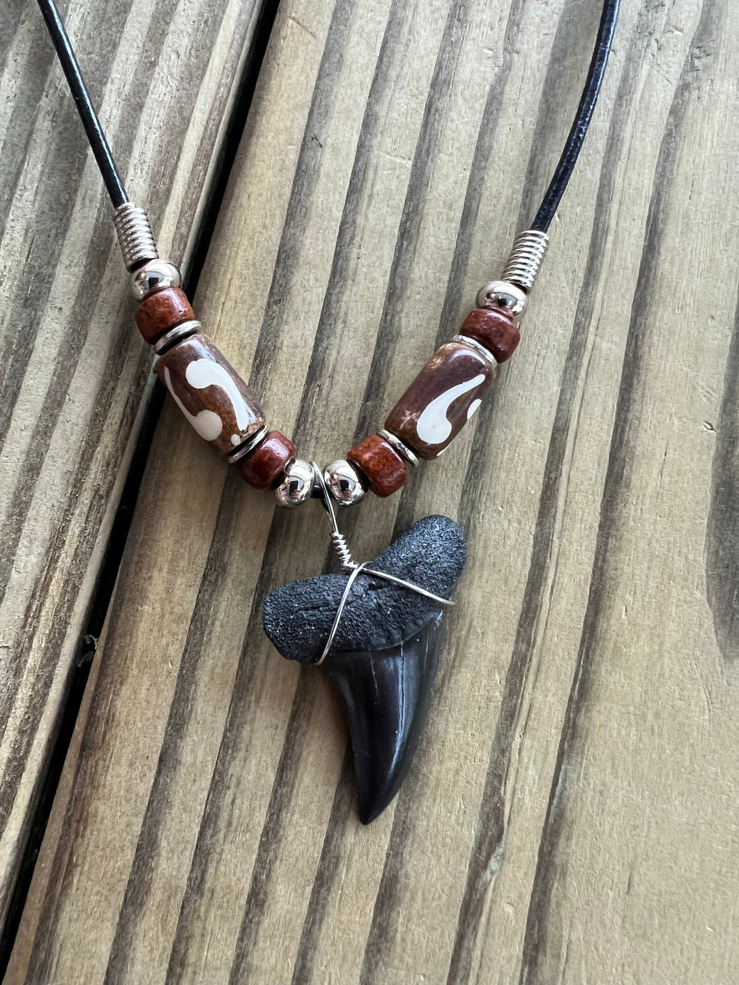 1 7/16 Inch Fossil Mako Shark Tooth Necklace with Brown Bone and Clay Beads