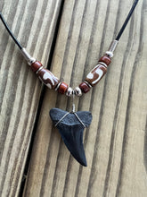 Load image into Gallery viewer, 1 7/16 Inch Fossil Mako Shark Tooth Necklace with Brown Bone and Clay Beads
