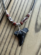 Load image into Gallery viewer, 1 1/2 Inch Fossil Mako Shark Tooth Necklace with Brown Clay and Bone Beads
