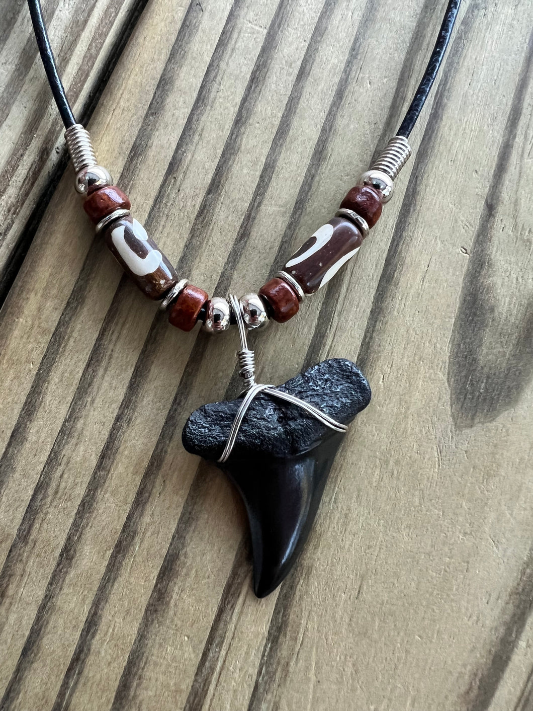 1 1/2 Inch Fossil Mako Shark Tooth Necklace with Brown Clay and Bone Beads