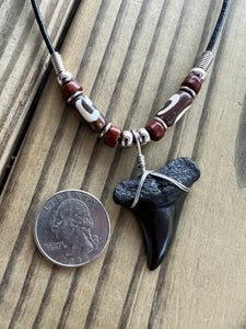 1 1/2 Inch Fossil Mako Shark Tooth Necklace with Brown Clay and Bone Beads