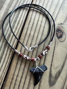 1 1/2 Inch Fossil Mako Shark Tooth Necklace with Brown Clay and Bone Beads