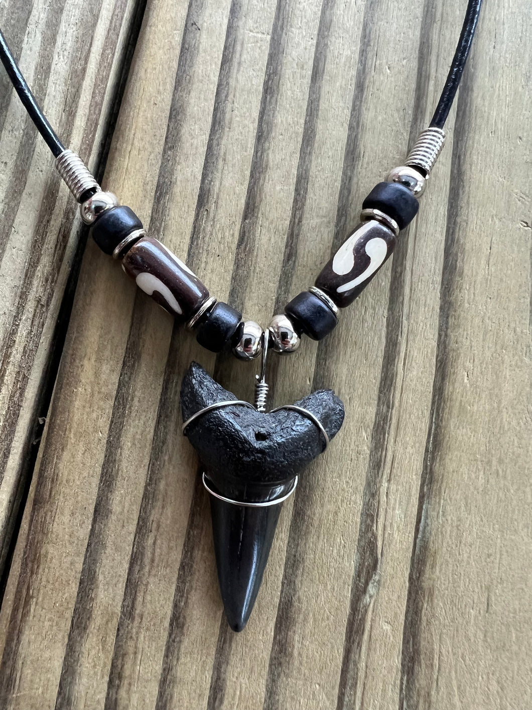 1 7/16 Inch Fossil Mako Shark Tooth Necklace with Black and Brown Beads