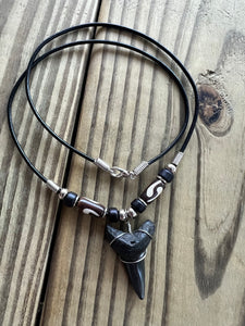 1 7/16 Inch Fossil Mako Shark Tooth Necklace with Black and Brown Beads