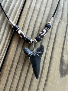 1 7/16 Inch Fossil Mako Shark Tooth Necklace with Black and Brown Beads