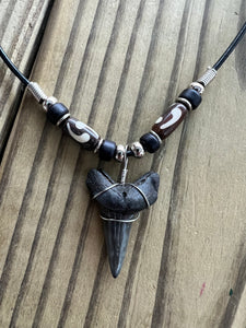1 3/8 Inch Fossil Mako Shark Tooth Necklace with Black and Brown Tribal Beads
