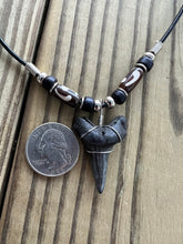 Load image into Gallery viewer, 1 3/8 Inch Fossil Mako Shark Tooth Necklace with Black and Brown Tribal Beads
