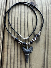 Load image into Gallery viewer, 1 3/8 Inch Fossil Mako Shark Tooth Necklace with Black and Brown Tribal Beads
