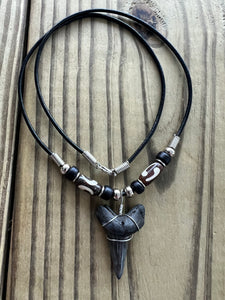 1 3/8 Inch Fossil Mako Shark Tooth Necklace with Black and Brown Tribal Beads