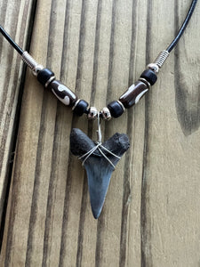 1 3/8 Inch Fossil Mako Shark Tooth Necklace with Black and Brown Tribal Beads