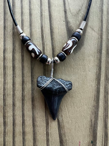 1 3/8 Inch Fossil Mako Shark Tooth Necklace with Black and Brown Bone Beads
